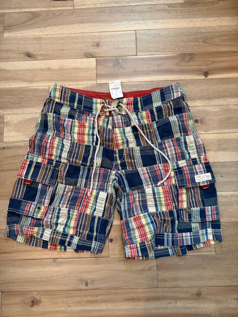 J. Crew Men’s Plaid patchwork Swim Shorts in Navy, Red, Yellow
